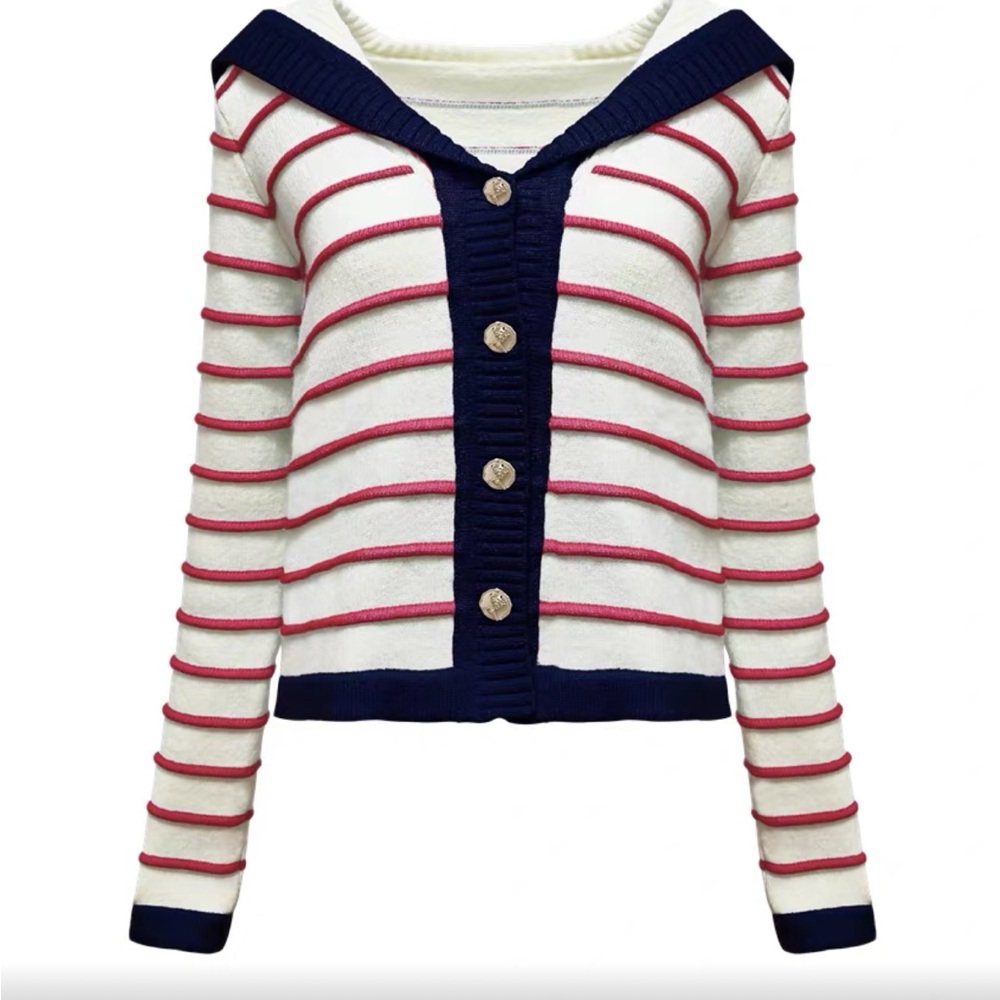 AsGony Preppy Style Navy Collar Striped Knit Cardigan